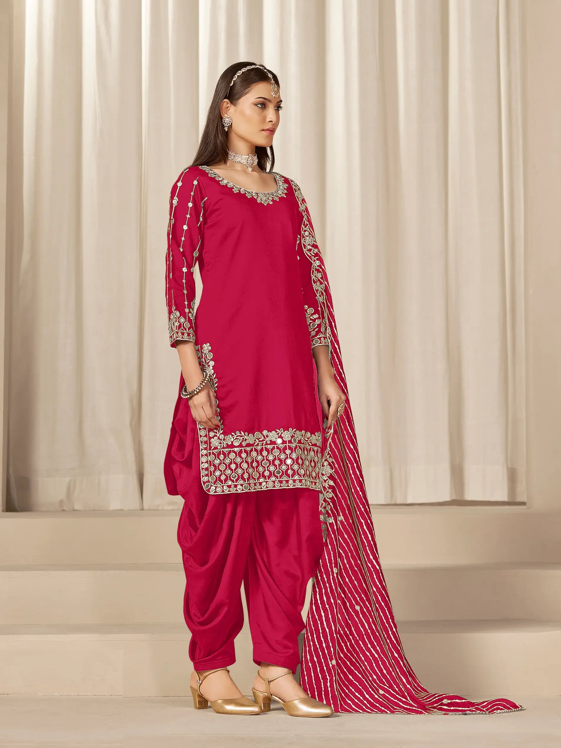 Red Roman Silk Mirror & Embroidery Work Salwar Suit - qivii