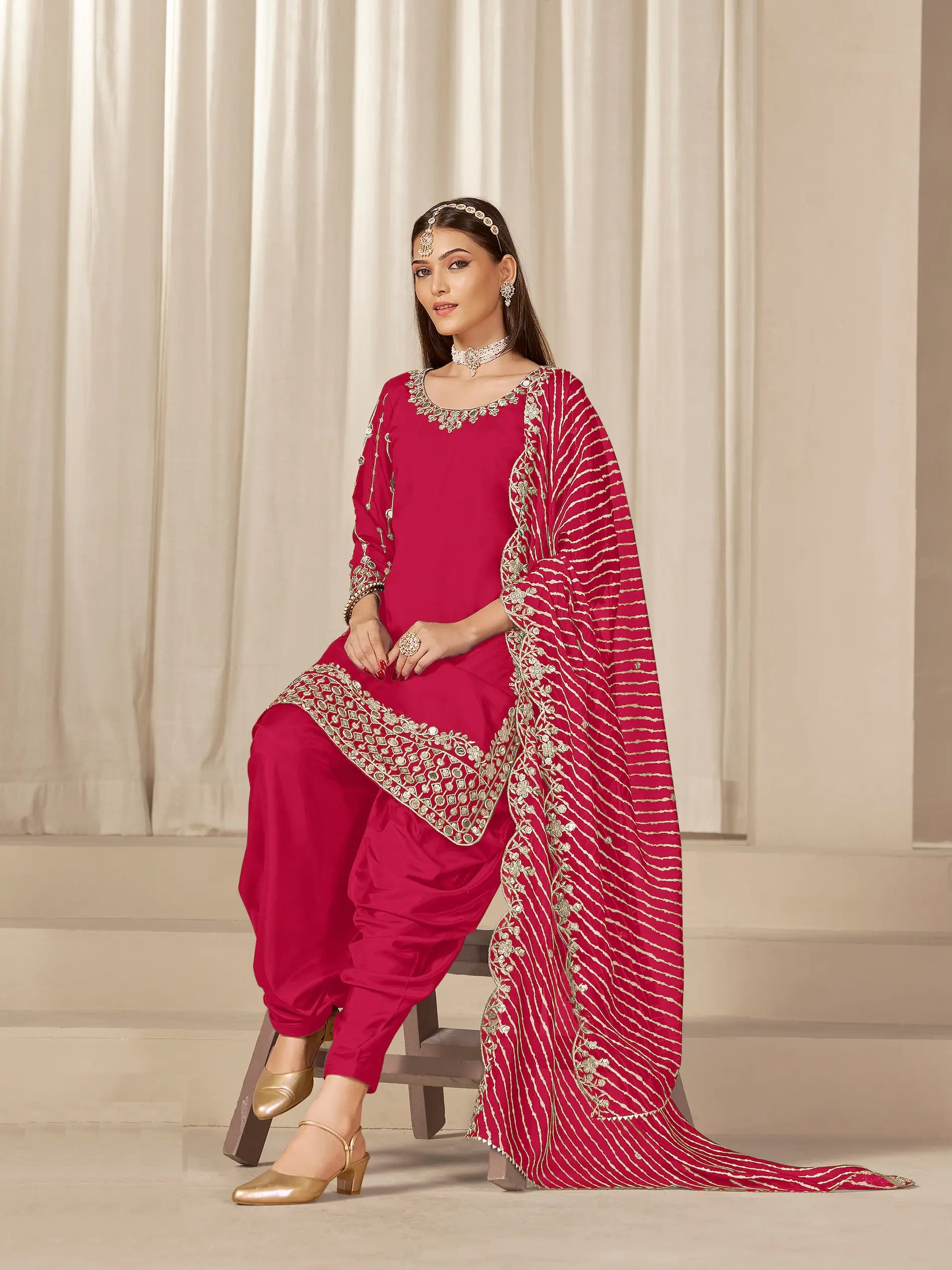 Red Roman Silk Mirror & Embroidery Work Salwar Suit - qivii