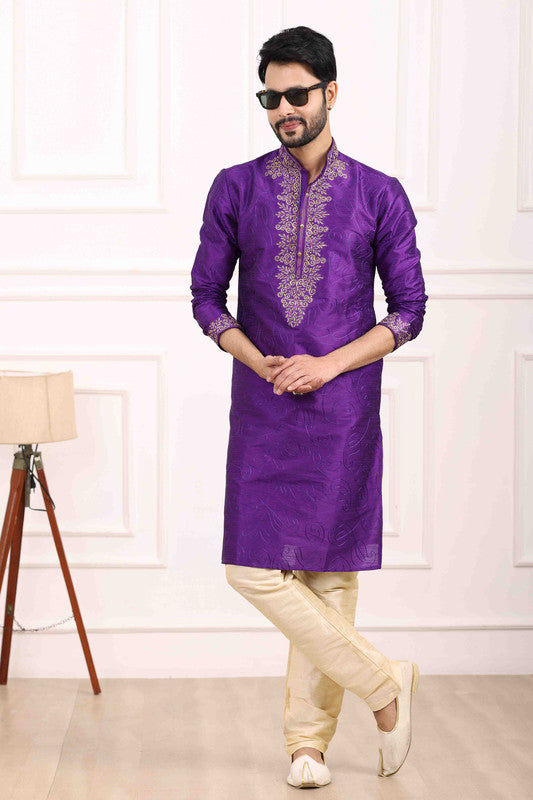 Men's Art Banarasi Silk Thread Work Kurta Pajama In Purple Colour