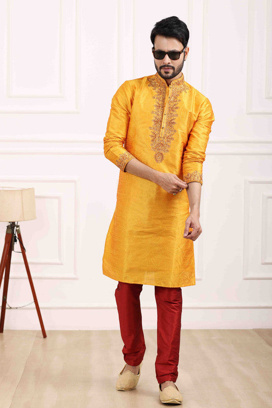 Men's Art Banarasi Silk Thread Work Kurta Pajama In Mustard Colour