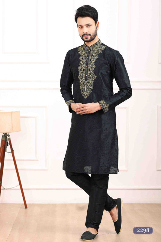 Men's Art Banarasi Silk Thread Work Kurta Pajama In Black Colour