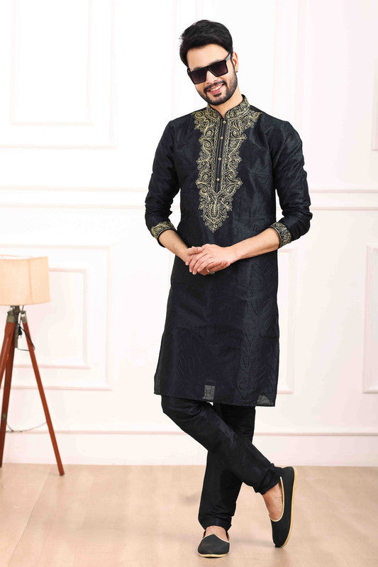 Men's Art Banarasi Silk Thread Work Kurta Pajama In Black Colour