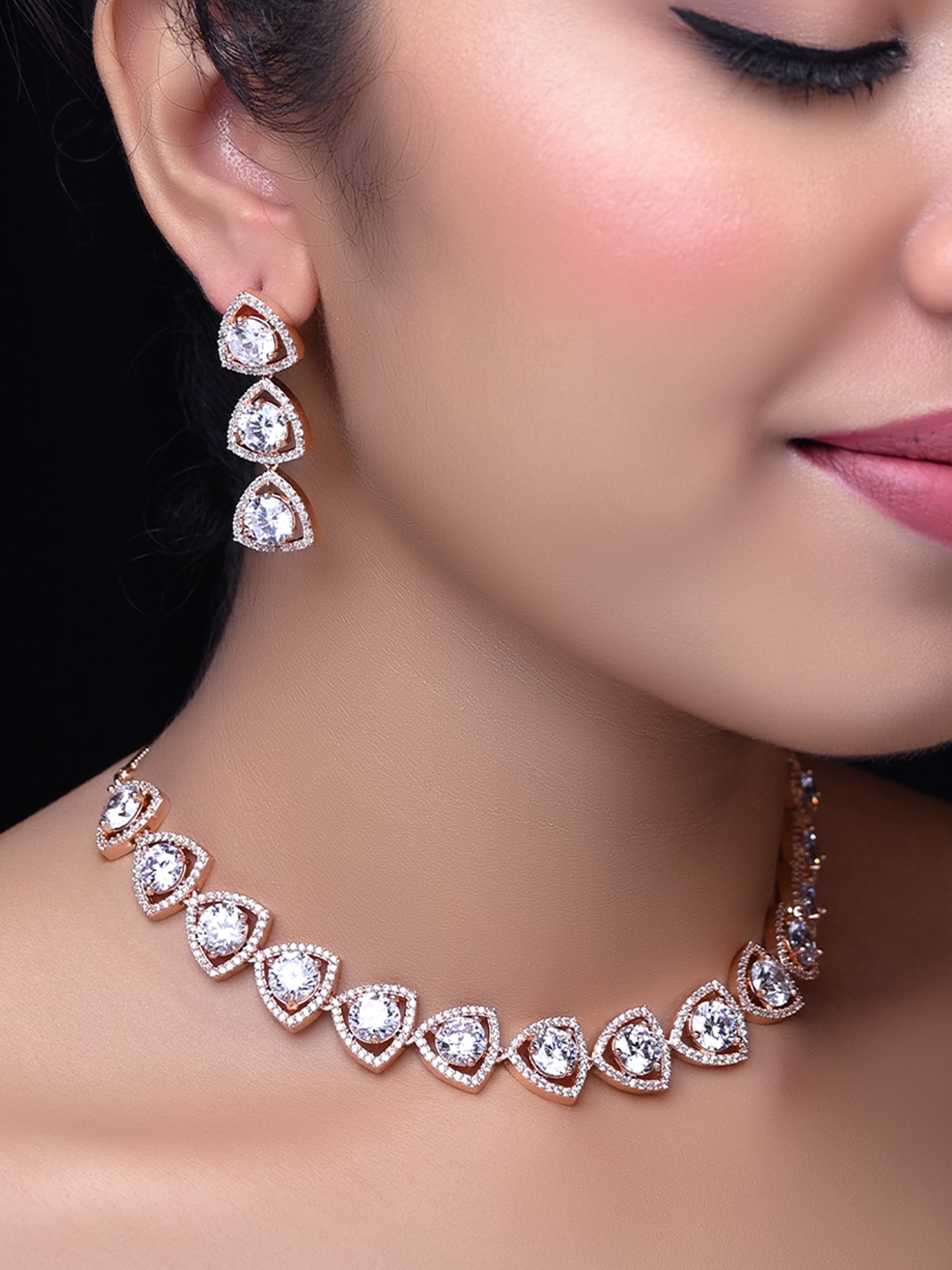 Sufiya Rose Gold Plated Semiprecious White Stone American Diamond Set - qivii