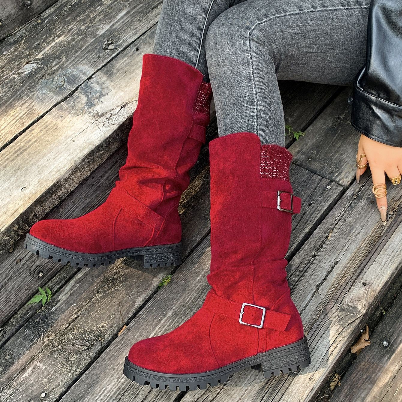 Women’s RanchWrap Buckle Mid-Calf Suede Boots – Knit Cuff Western-Style Slouchy Shoes (US 5–10.5)