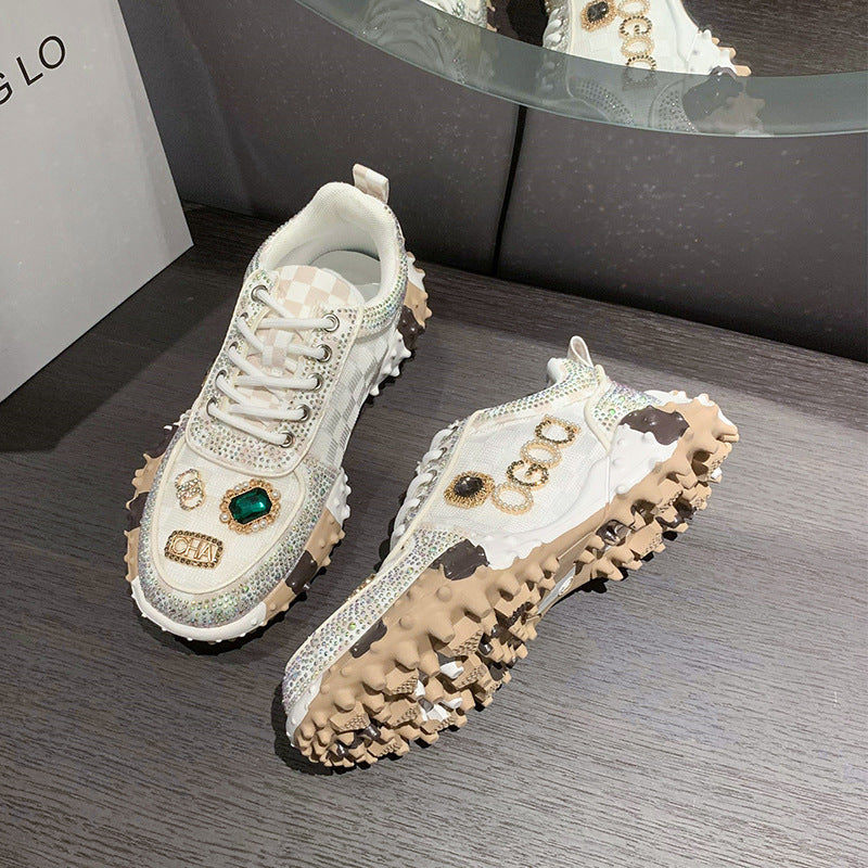 Women’s Lumira Embroidered Letter Mesh Platform Sneakers – Rhinestone Detail Chunky Sole Light Luxury Fashion Sneakers (US 4–10.5)