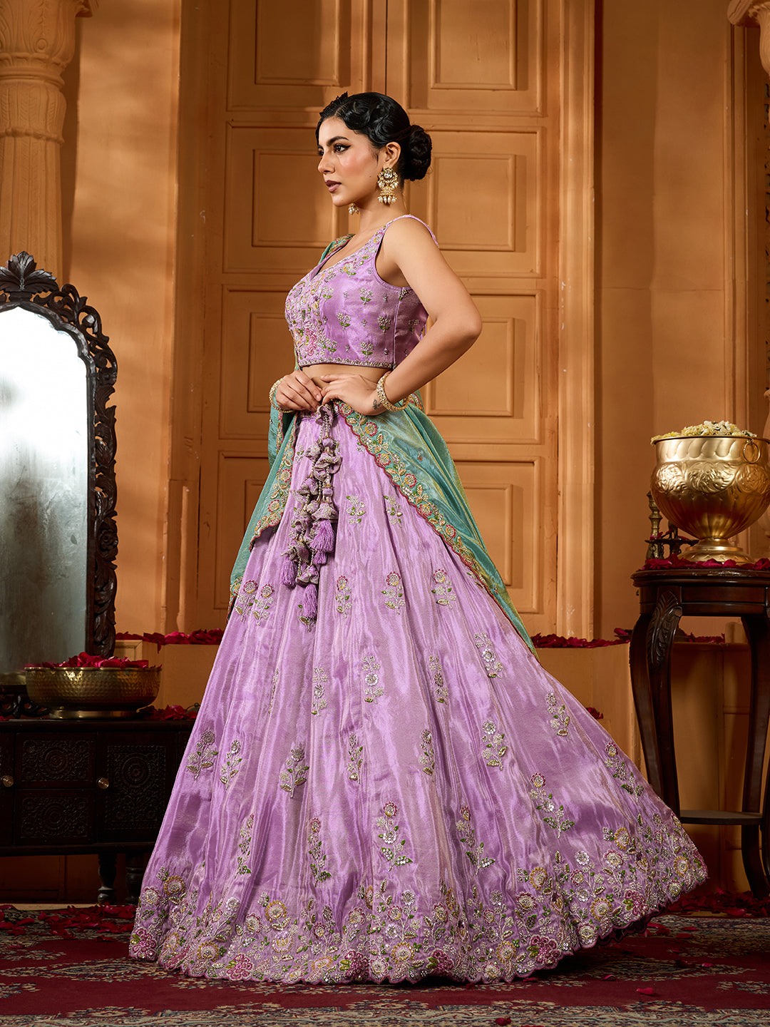 Lavender- Satin Silk Fabric Sequins embroidery Semi-Stitched Lehenga & Unstitched Blouse With Dupatta - qivii