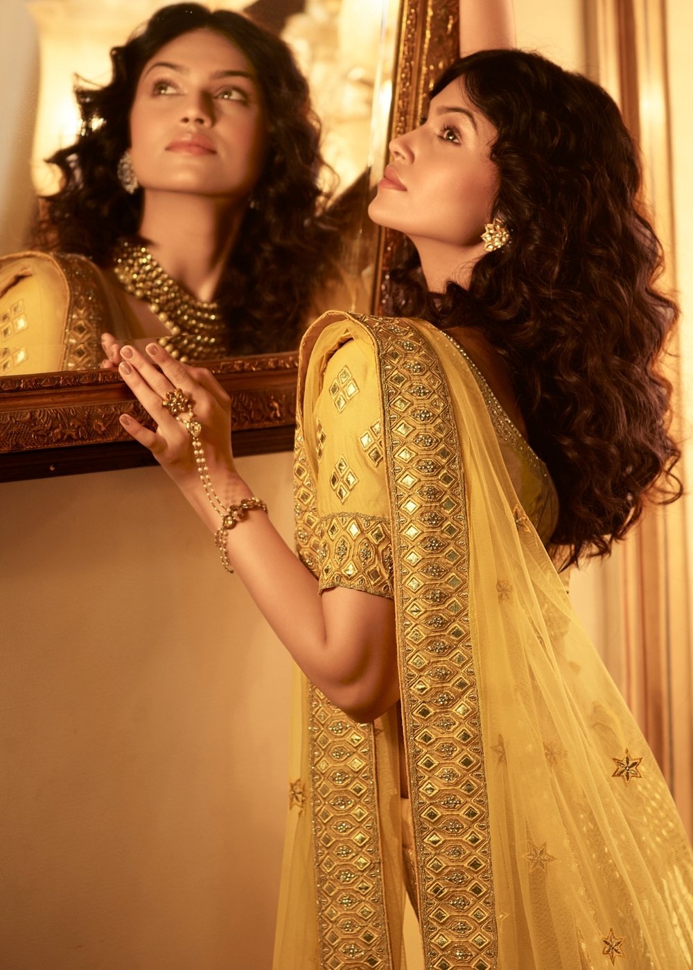 Royal Yellow Organza Lehenga Choli with Zari, Dori, Thread, Swarvoski & Zarkan work | Ready To Wear - qivii