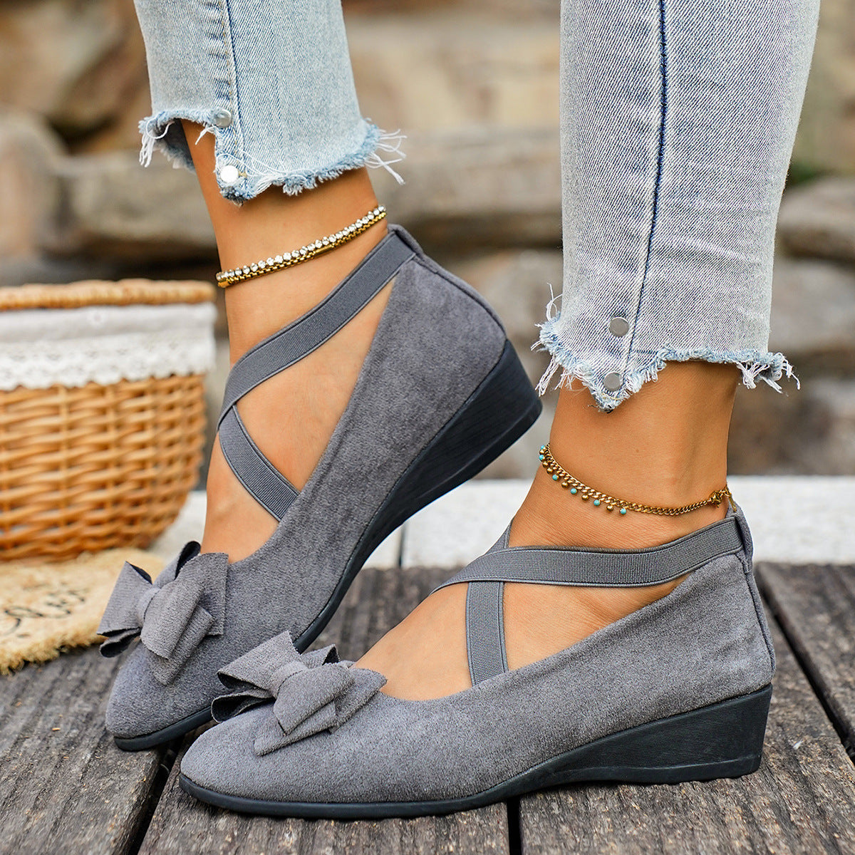 Women’s Elara Bow Suede Wedge Loafers – Elastic Cross-Strap Comfort Slip-Ons (US 5–10.5)