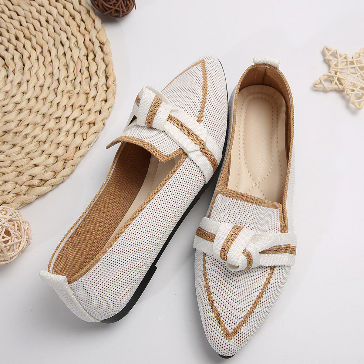 Women's Plus Size Knit Flat Loafers - Slip-On Bowknot Shallow Cut Lazy Work Shoes