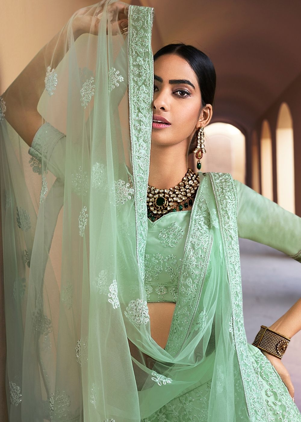 Parakeet Green Soft Net Lehenga Choli with Sequins & Dori work | Ready To Wear - qivii