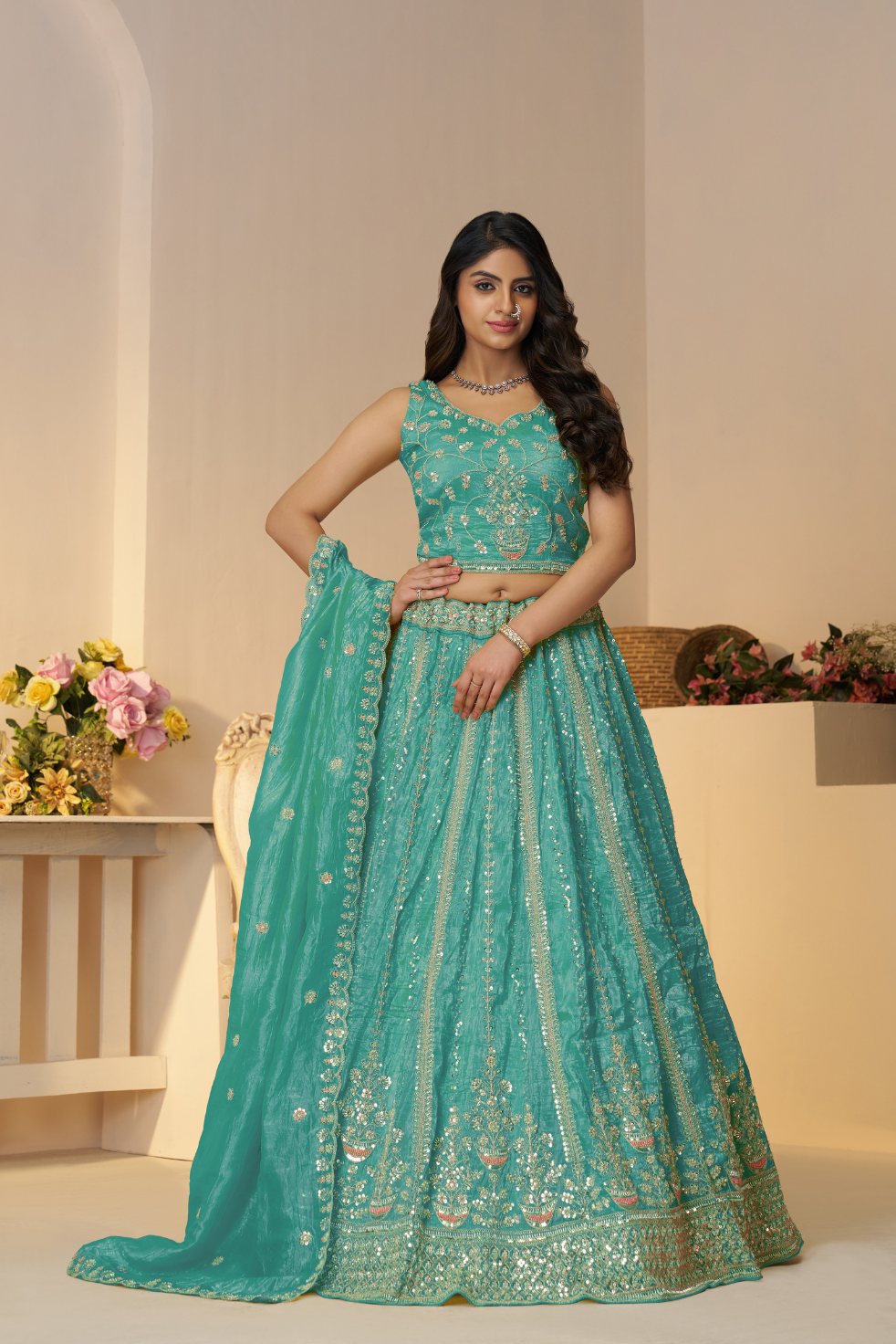 Sky Blue Silk Bridal Lehenga with Intricate Paisley Motifs and Embroidery - qivii