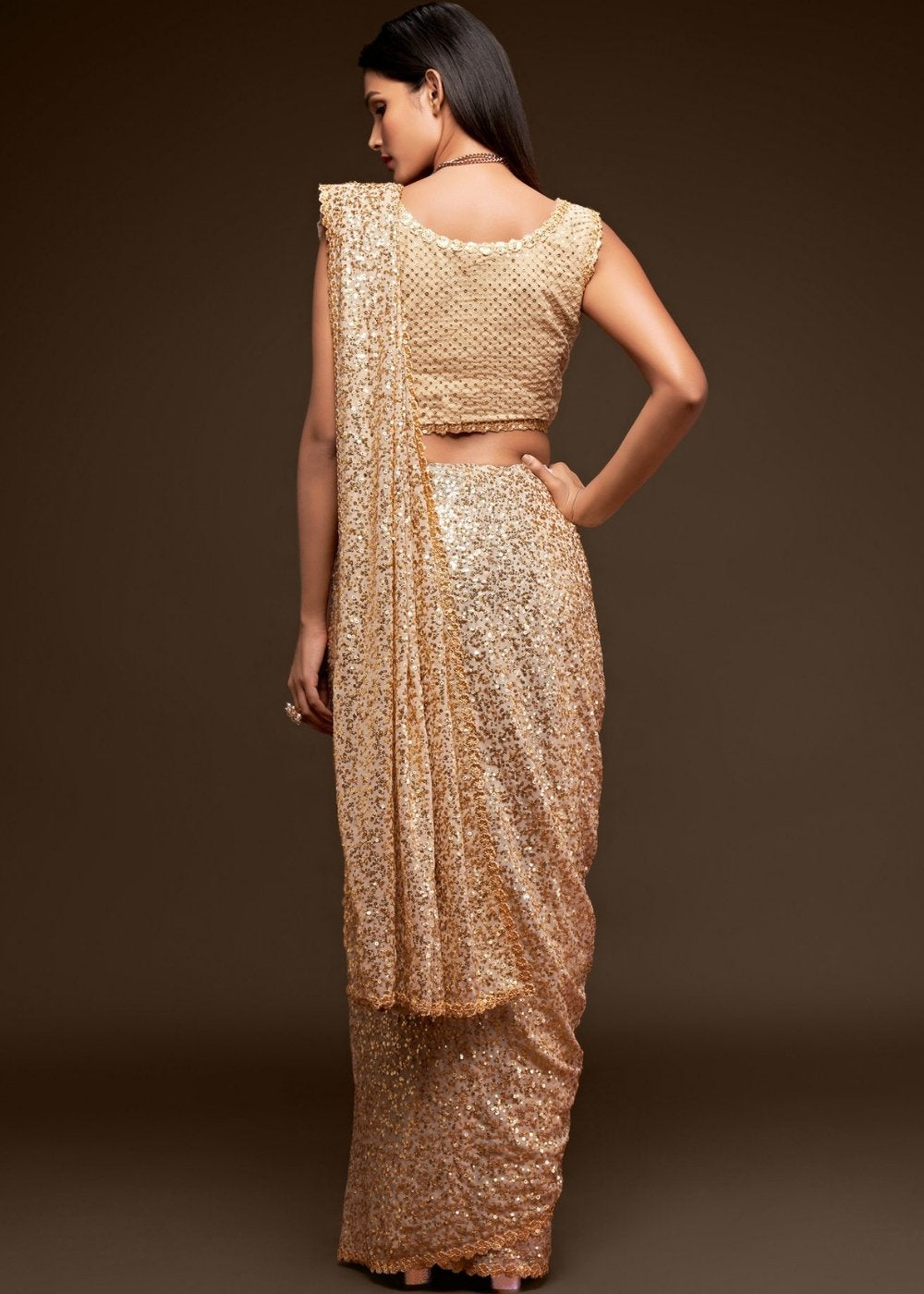 Ivory White Sequins & Thread Embroidered Designer Georgette Saree - qivii