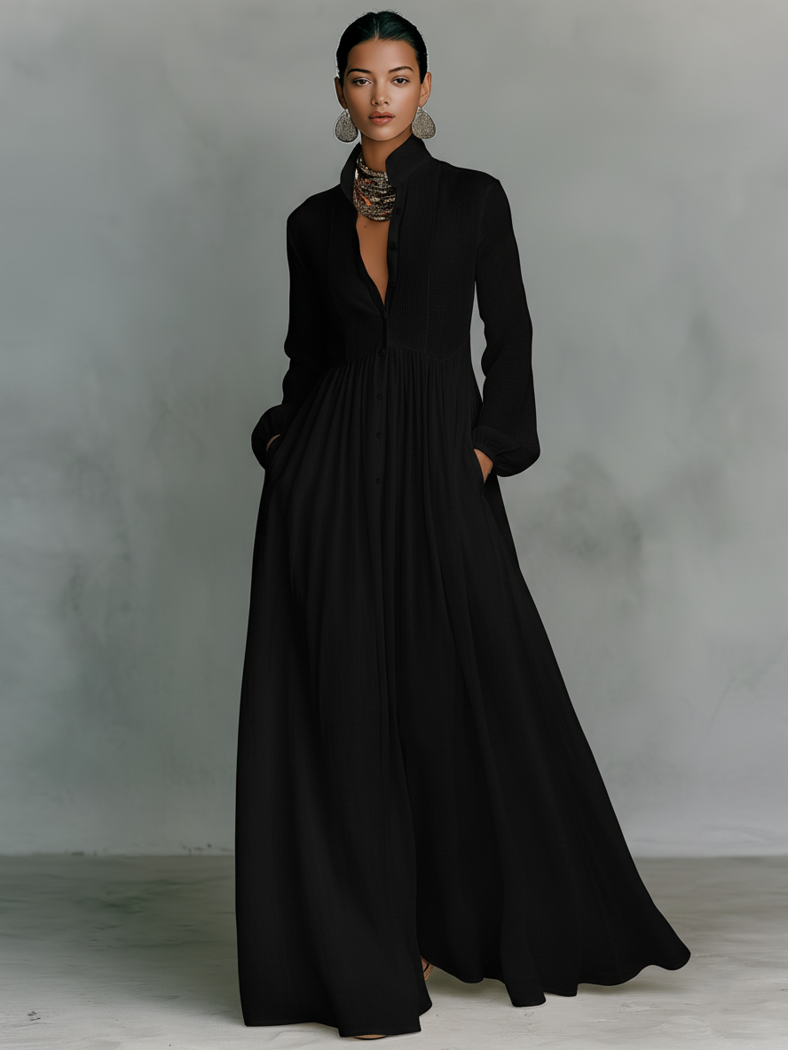Women's Minimalist Tencel And Linen Patchwork Single-breasted Stand-up Collar Long-sleeved Maxi Dress MDA0658K6Y