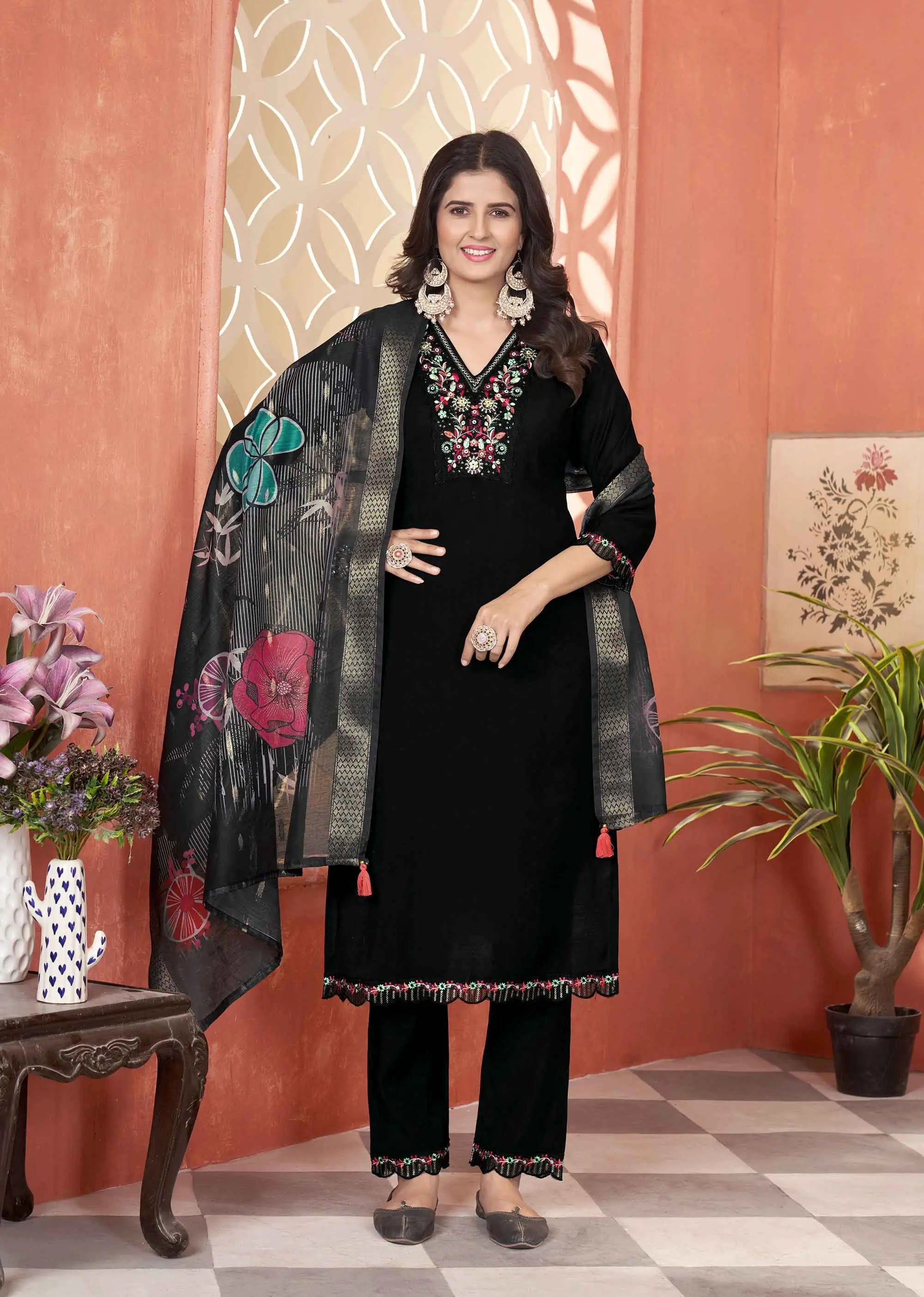 Designer Black Embroidery With Hand Work Salwar Suit With Dupatta - qivii