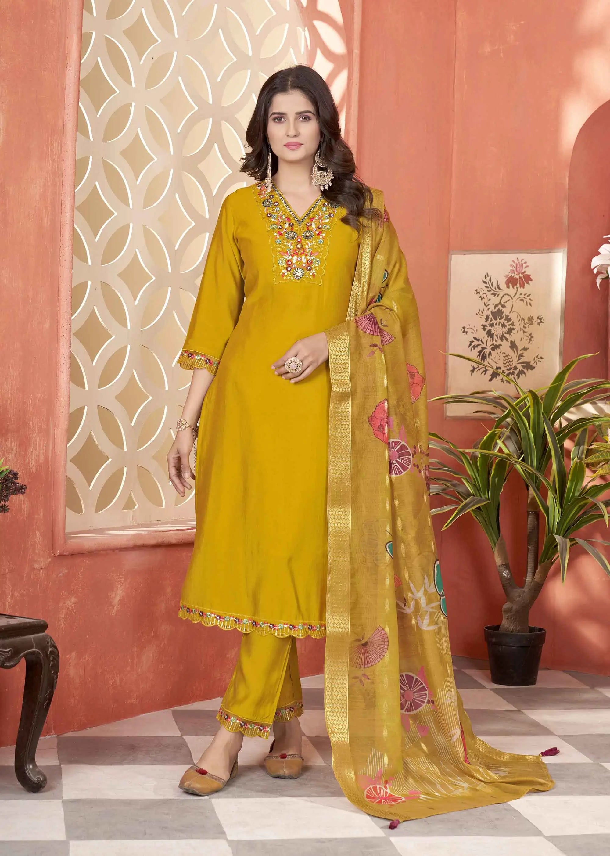 Designer Yellow Embroidery With Hand Work Salwar Suit With Dupatta - qivii