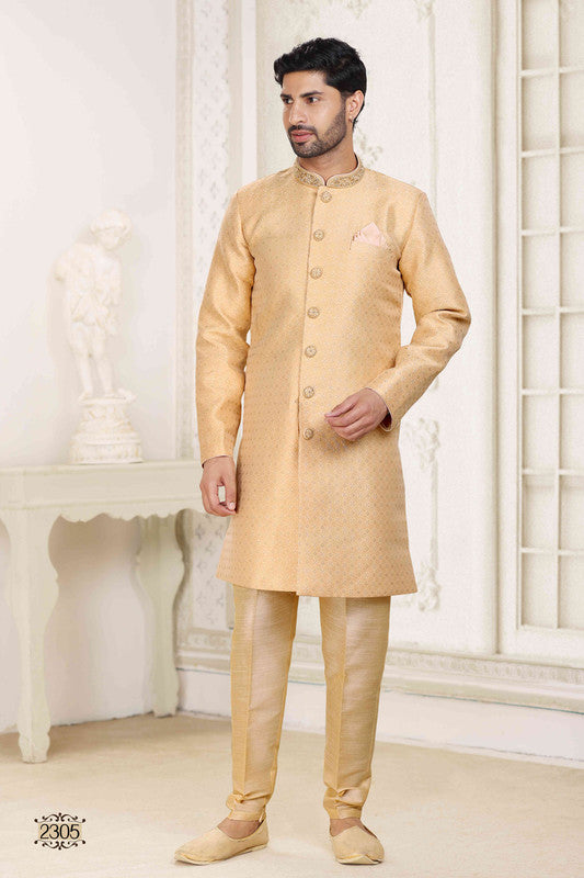 Men's Banarasi Jacquard Embroidery Semi Indo Western Sherwani In Beige Colour