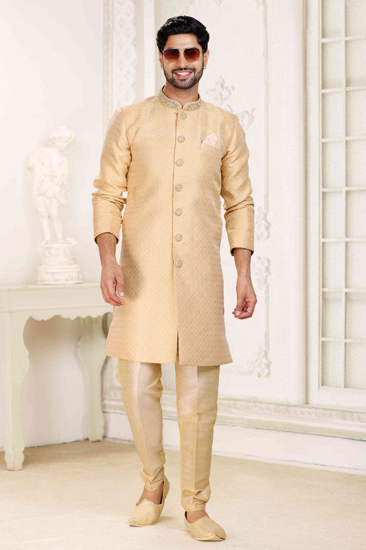Men's Banarasi Jacquard Embroidery Semi Indo Western Sherwani In Beige Colour