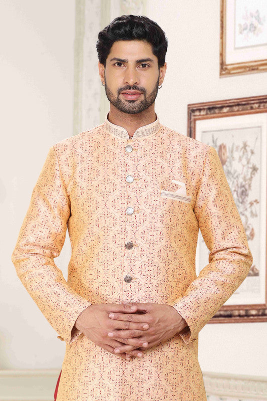 Men's Banarasi Jacquard Embroidery Semi Indo Western Sherwani In Cream Maroon Colour