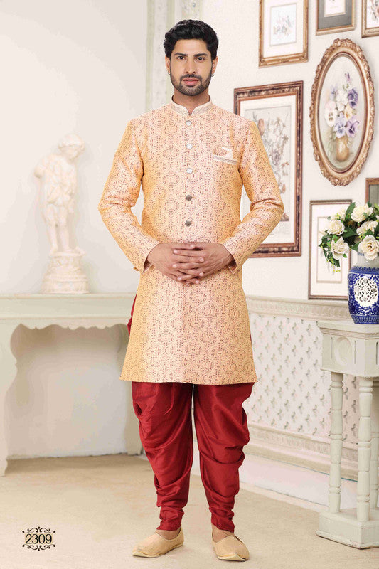 Men's Banarasi Jacquard Embroidery Semi Indo Western Sherwani In Cream Maroon Colour