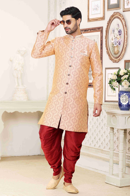 Men's Banarasi Jacquard Embroidery Semi Indo Western Sherwani In Cream Maroon Colour