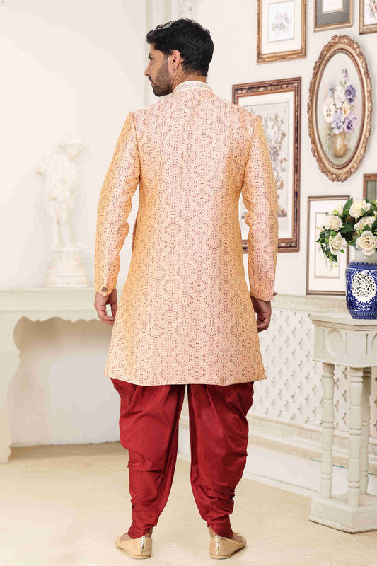 Men's Banarasi Jacquard Embroidery Semi Indo Western Sherwani In Cream Maroon Colour