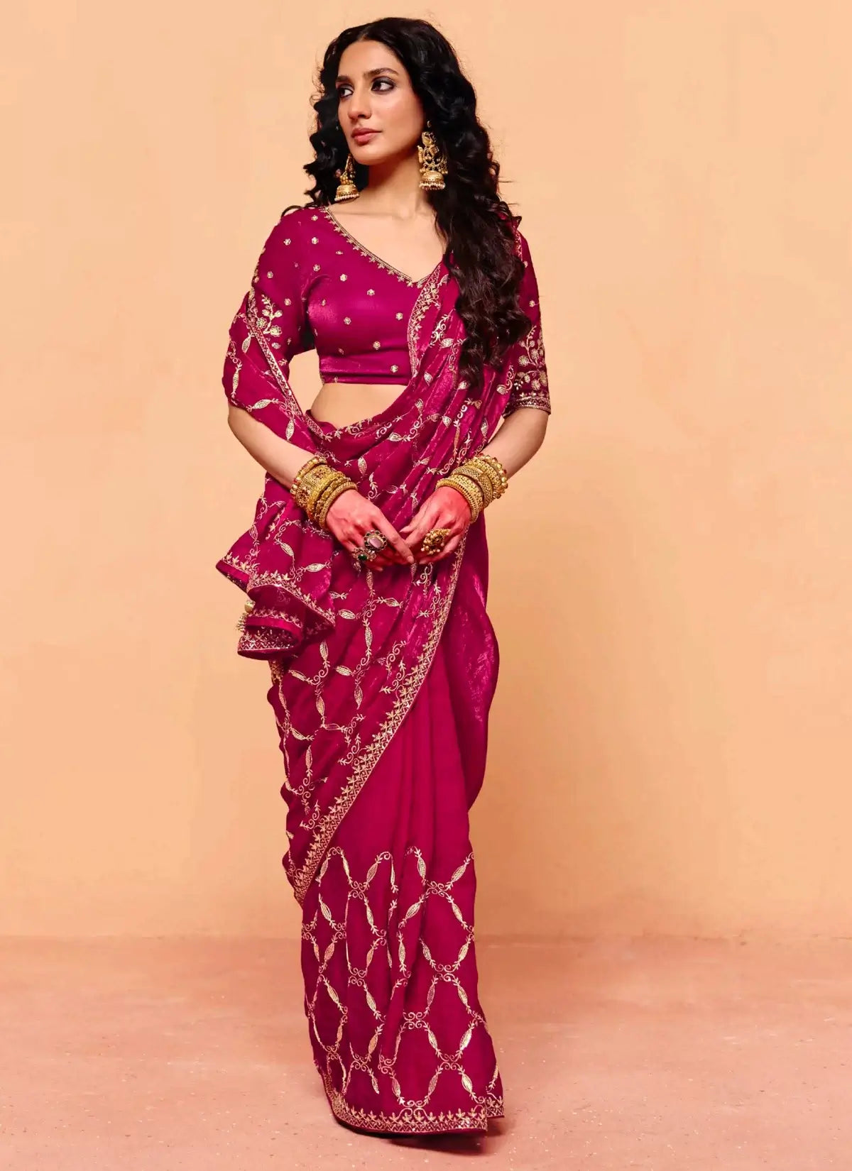 Deep Pink Fendi Embroidery Saree