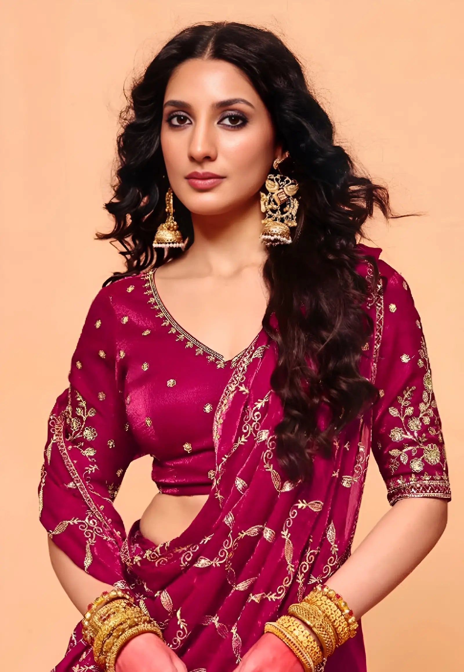 Deep Pink Fendi Embroidery Saree