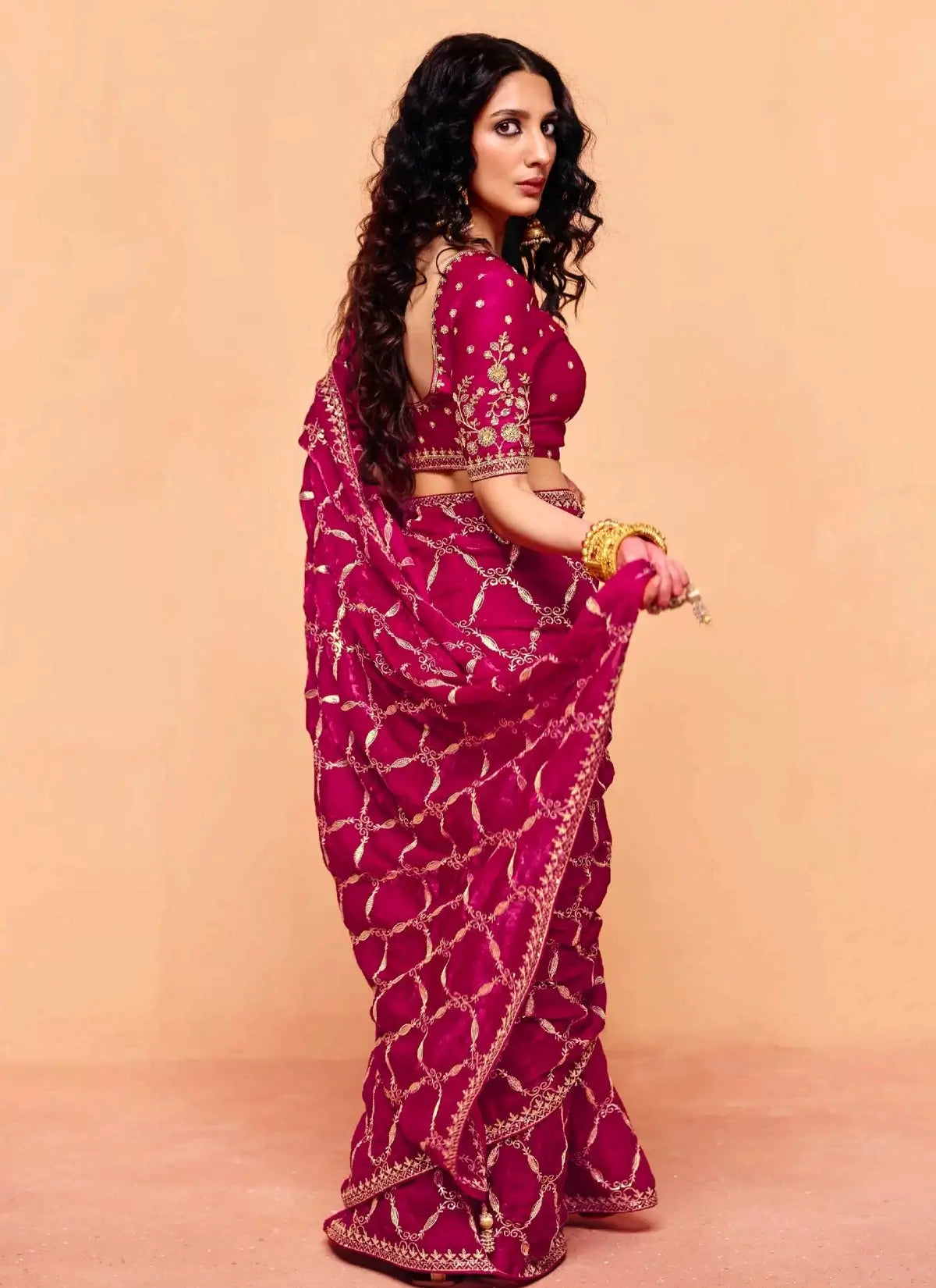 Deep Pink Fendi Embroidery Saree