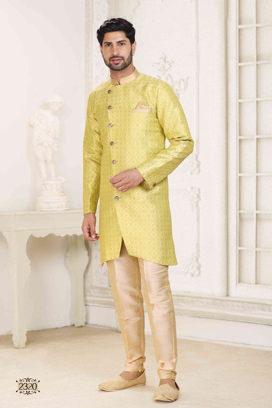 Men's Banarasi Jacquard Embroidery Semi Indo Western Sherwani In Lemon Yellow Colour