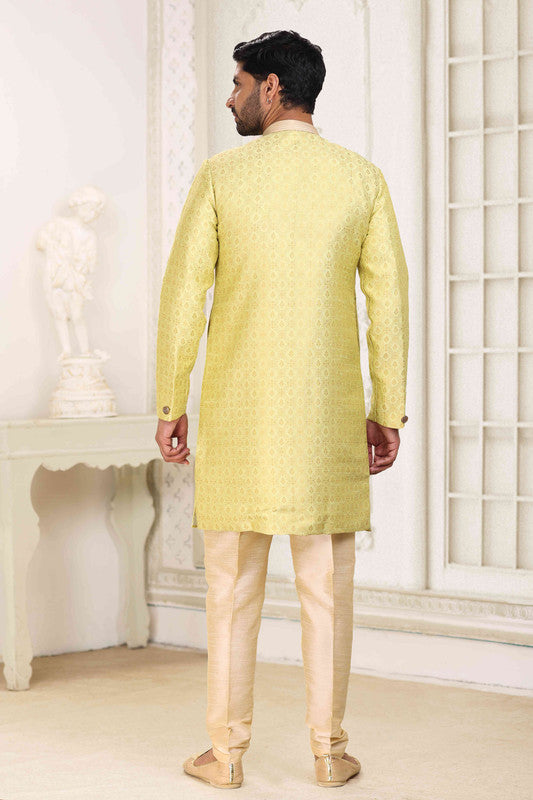 Men's Banarasi Jacquard Embroidery Semi Indo Western Sherwani In Lemon Yellow Colour
