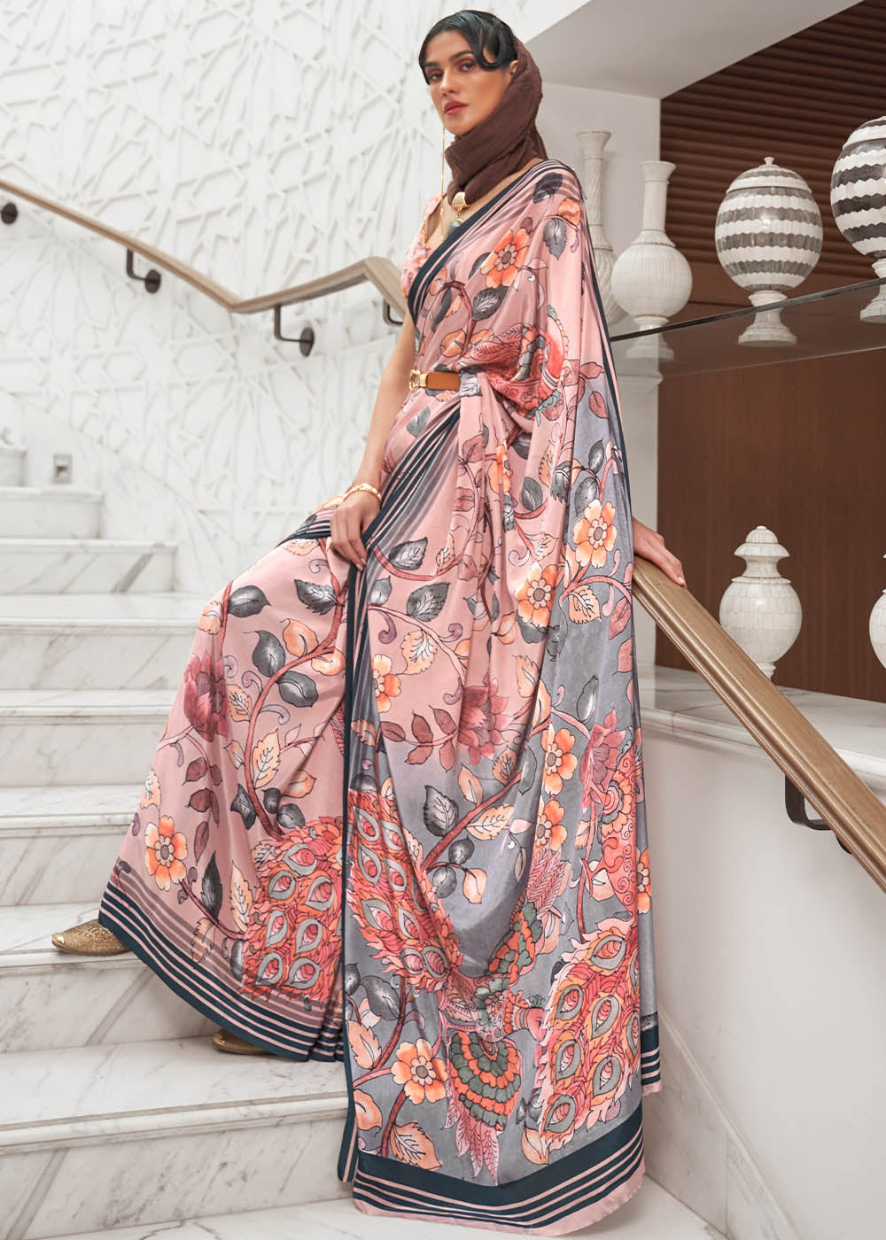 Sweet Pink Digital Floral Printed Crepe Silk Saree - qivii