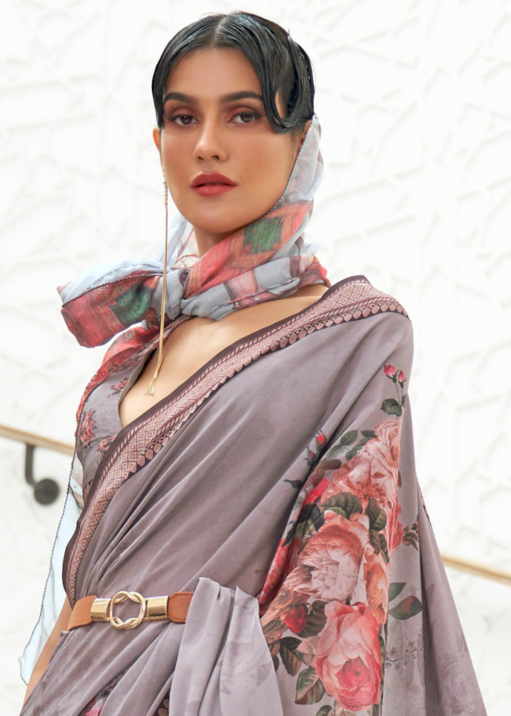 African Purple Digital Printed Crepe Silk Saree - qivii