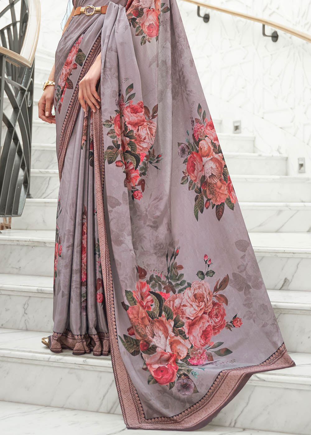 African Purple Digital Printed Crepe Silk Saree - qivii