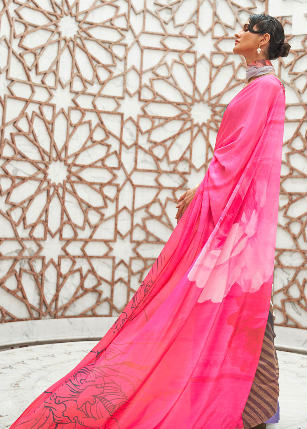 Hot Pink Digital Printed Crepe Silk Saree - qivii