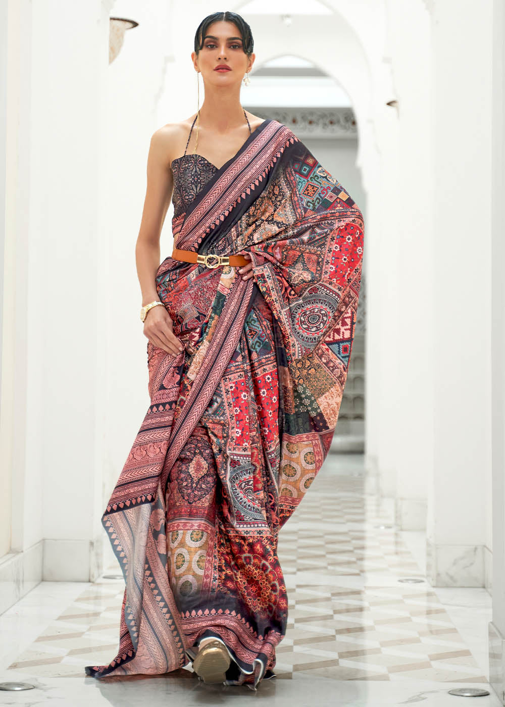 Multi Colour Digital Printed Crepe Silk Saree