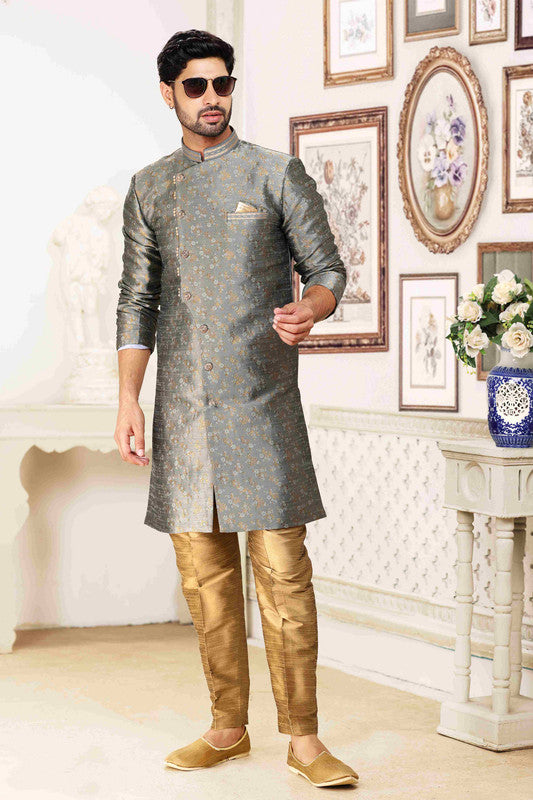 Men's Banarasi Jacquard Embroidery Semi Indo Western Sherwani In Grey Colour