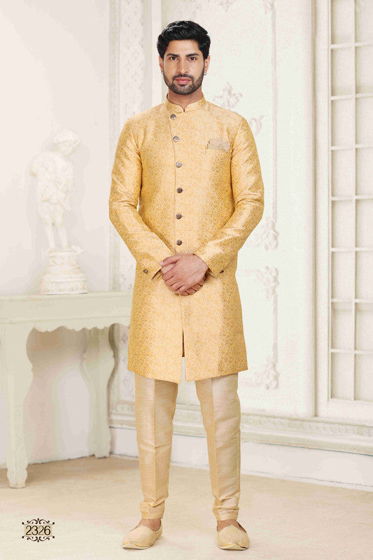 Men's Banarasi Jacquard Embroidery Semi Indo Western Sherwani In Cream Beige Colour