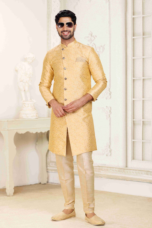 Men's Banarasi Jacquard Embroidery Semi Indo Western Sherwani In Cream Beige Colour