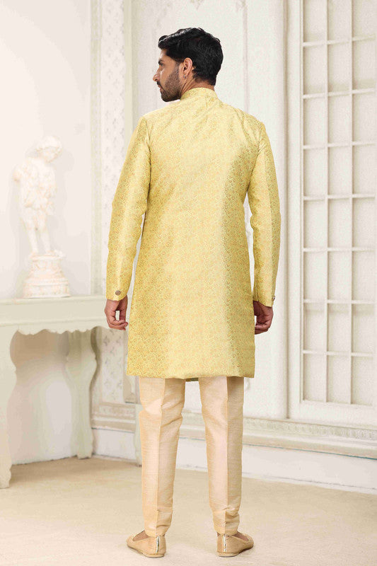 Men's Banarasi Jacquard Embroidery Semi Indo Western Sherwani In Cream Gold Colour