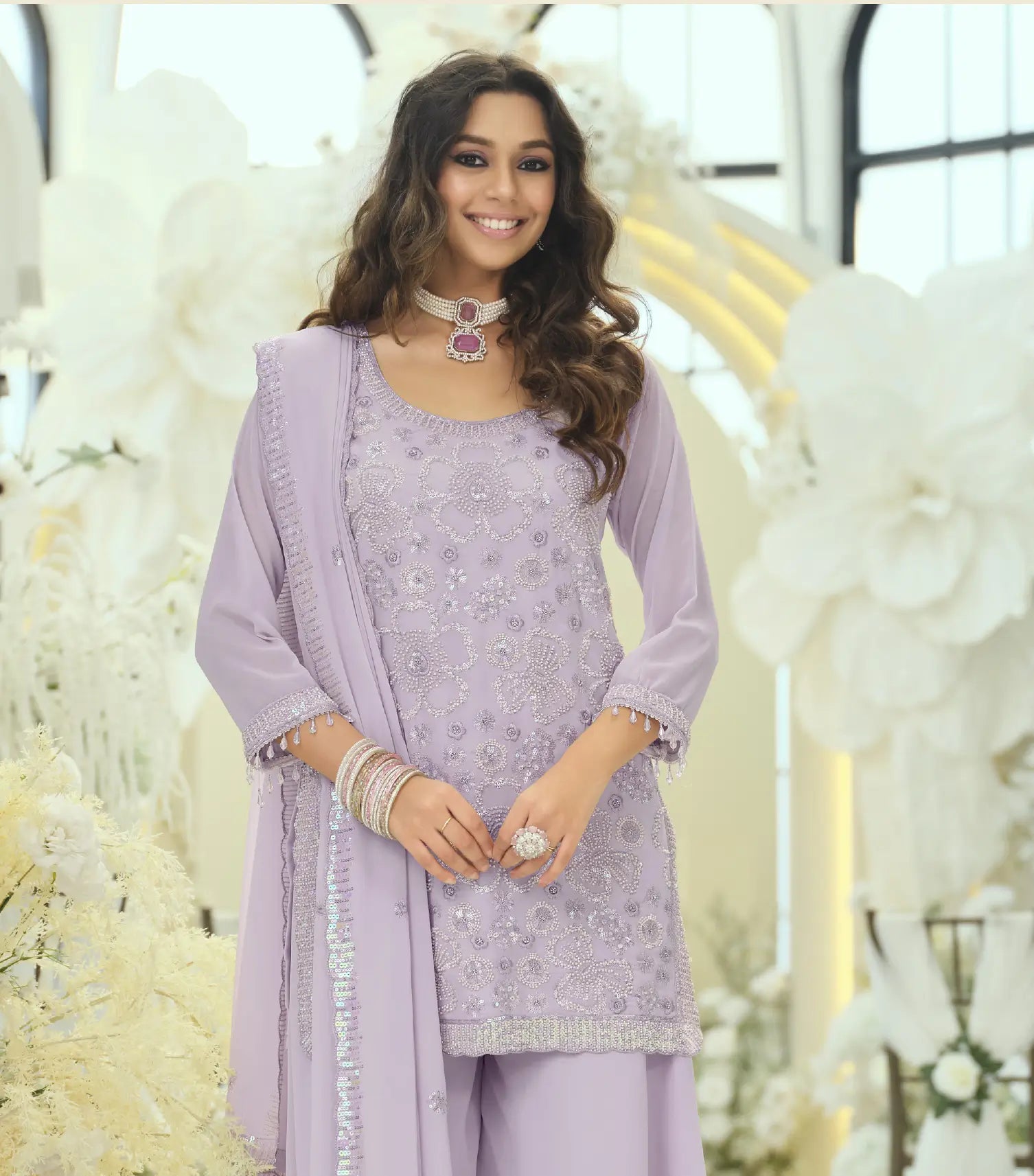 Pastel Lilac Georgette embroidered Salwar Suit