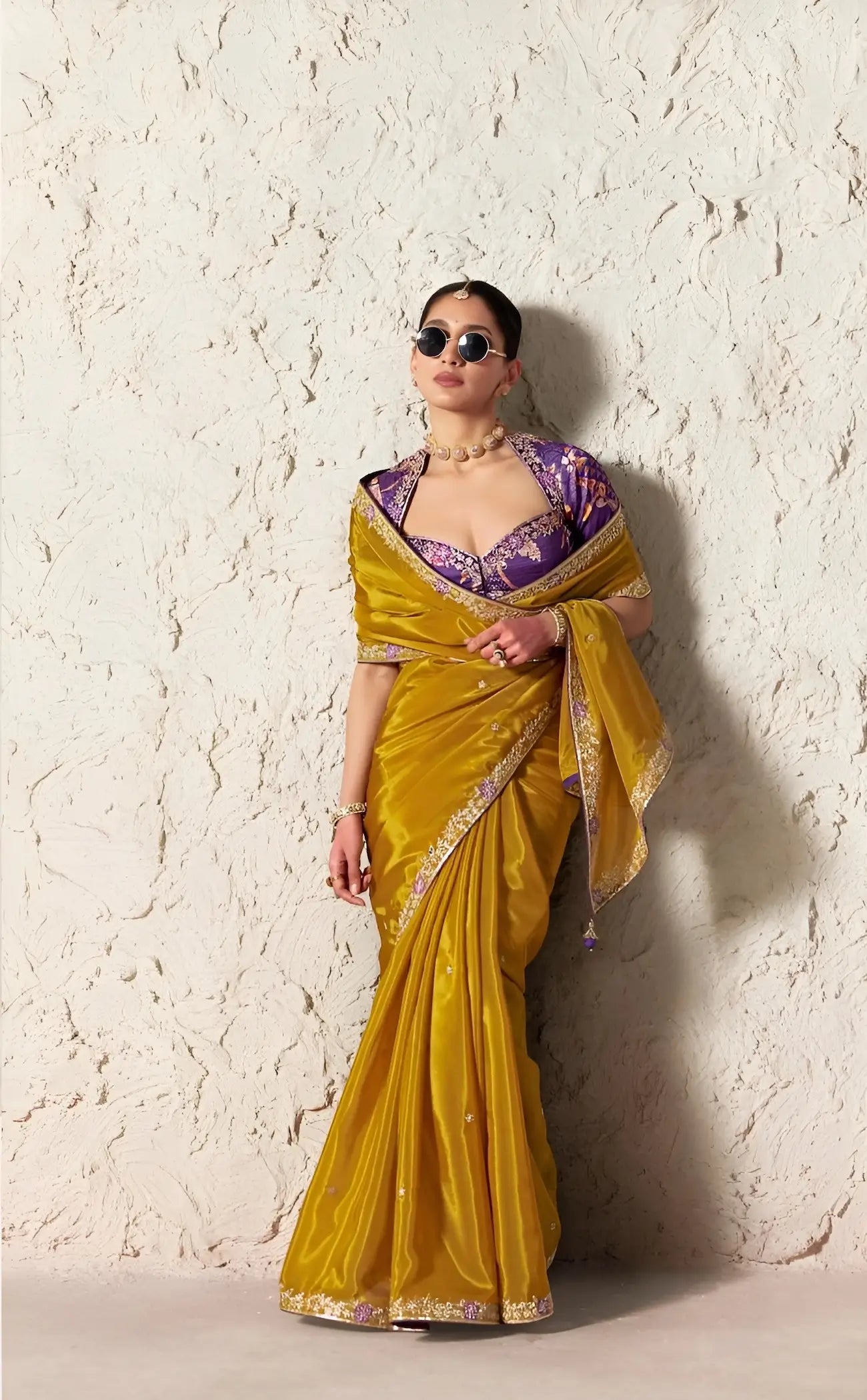 Mustard Gold Embroidered Party Wear Saree