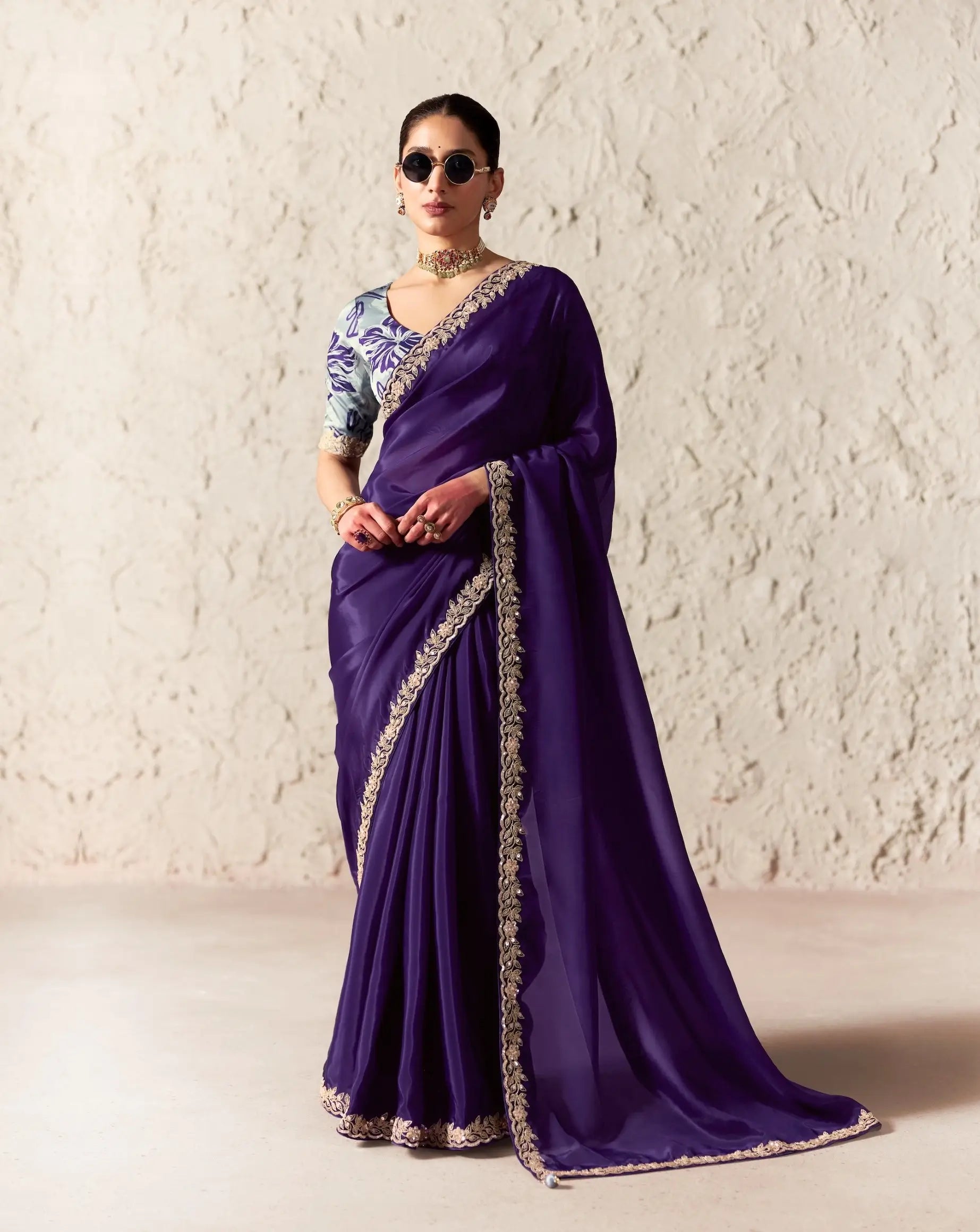 Deep Purple Embroidered Party Wear Saree