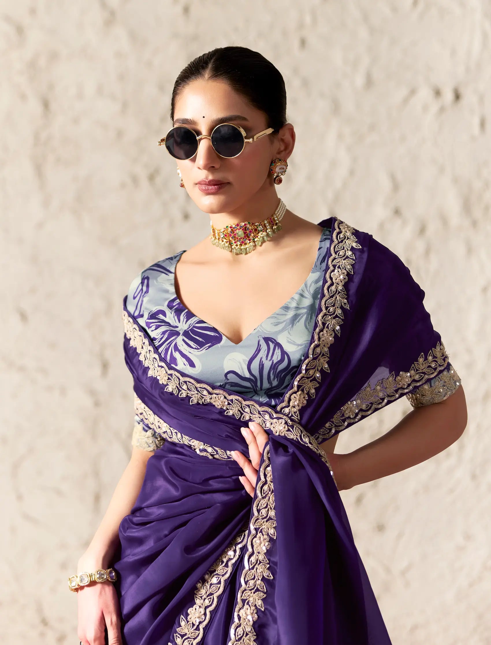 Deep Purple Embroidered Party Wear Saree