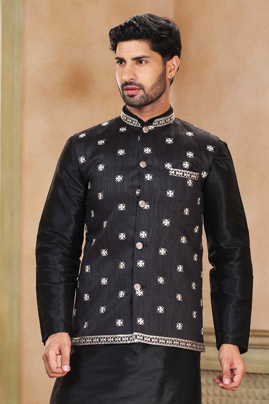 Men's Jacquard Banarasi Silk Woven Work 3 Pics Jacket Set In Black Colour