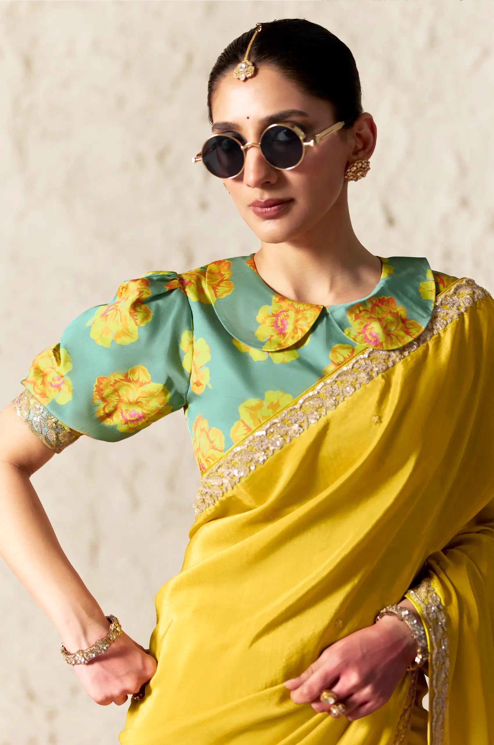 Bright Yellow Embroidered Party Wear Saree
