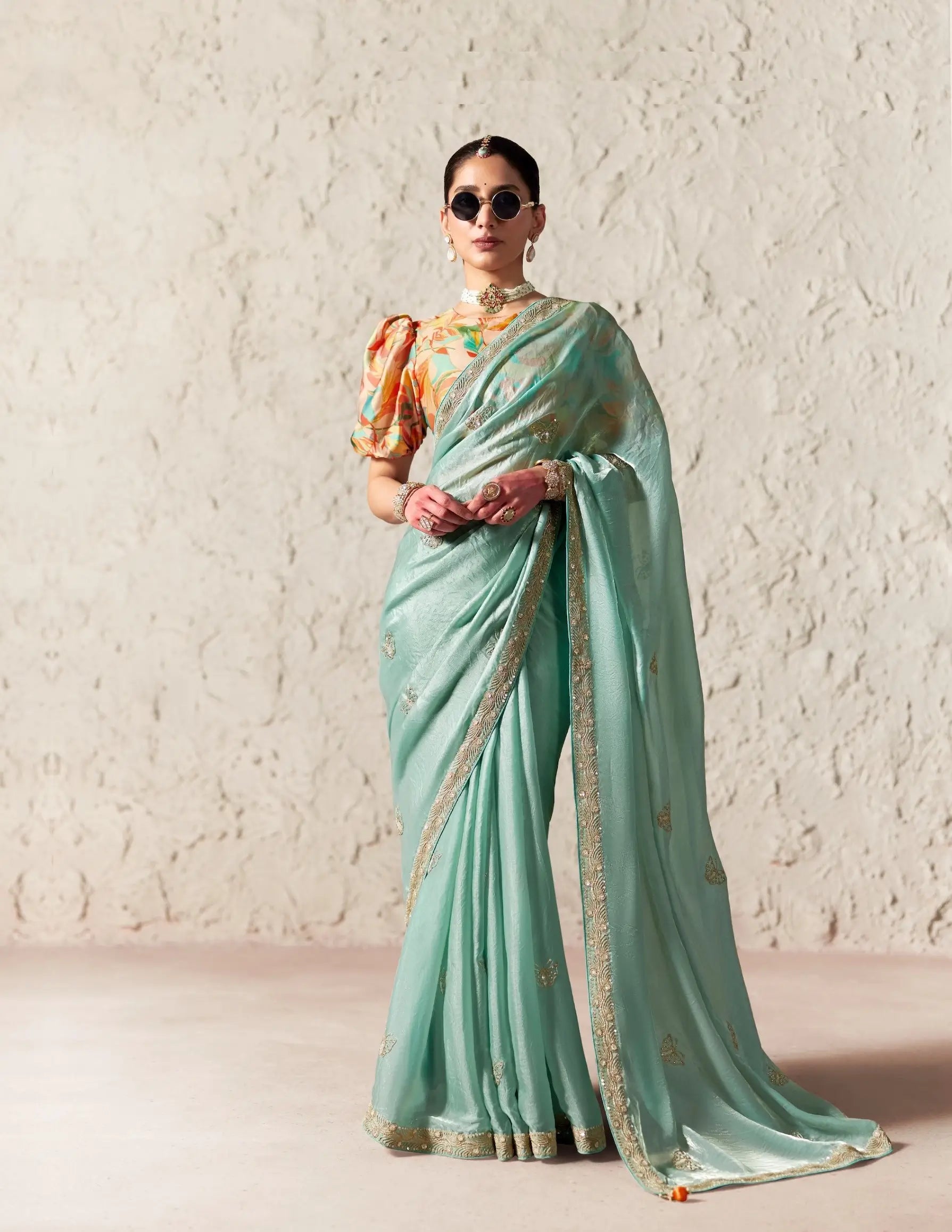 Mint Blue Embroidered Party Wear Saree