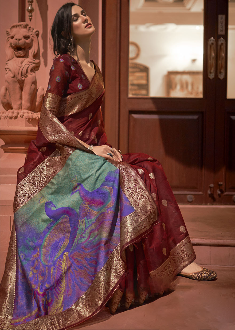 Currant Red Woven Chanderi Banarasi Fusion Silk Saree - qivii