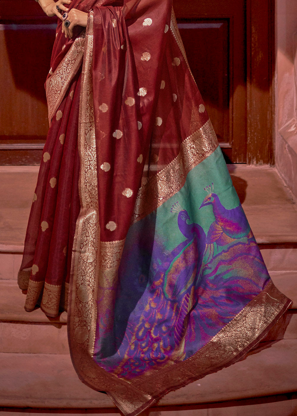 Currant Red Woven Chanderi Banarasi Fusion Silk Saree - qivii