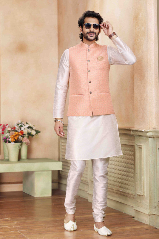 Men's Jacquard Banarasi Silk Woven Work 3 Pics Jacket Set In Peach Colour