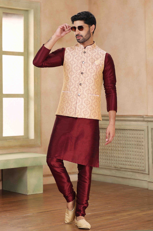 Men's Jacquard Banarasi Silk Woven Work 3 Pics Jacket Set In Beige Maroon Colour